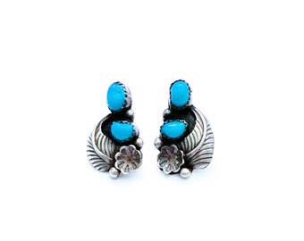 Vintage Navajo Sterling Silver & Turquoise Squash Blossom Earrings