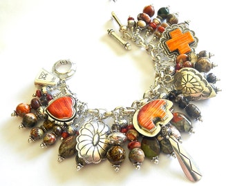 Southwest Native American Vintage Charms Bracelet Sterling Silver Jasper & Spiny Oyster Shell