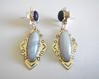 Vintage Navajo Sterling Silver Lapis Lazuli & Blue Chalcedony Earrings Beautuful!