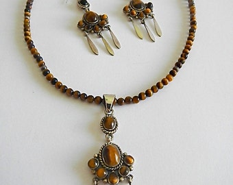 Southwest Sterling Silver Earrings & Necklace Set Tiger Eye