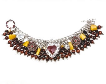 Southwest Native American Sterling Silver Red Tigereye Garnet Butterscotch Amber Charm Bracelet with Vintage Charms