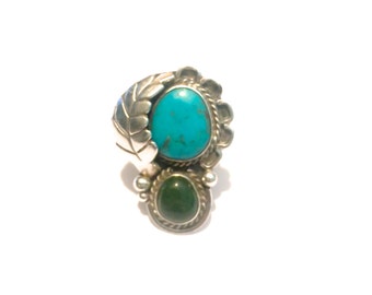 Vintage Navajo Sterling Silver Turquoise & Green Agate Ring