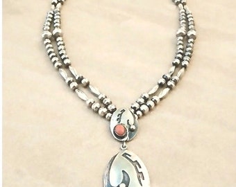 Vintage Navajo Sterling Silver Turquoise & Coral Double Strand Bench Bead Necklace