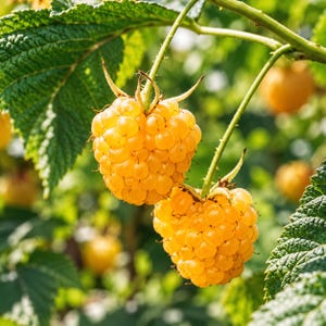 May include: Two ripe golden yellow raspberries hanging from a green stem with textured green leaves. The berries have a bumpy, segmented surface and are illuminated by sunlight, showing their vibrant color and delicate structure on the plant.