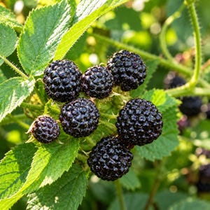 May include: A cluster of ripe, dark purple blackberries growing on a green vine with serrated leaves. The berries feature a bumpy, segmented texture and are illuminated by natural sunlight, highlighting their glossy, deep-colored surface.