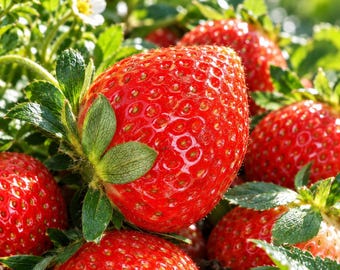 May include: A cluster of ripe, bright red strawberries with green leafy calyxes growing on a plant. The strawberries have a textured surface with small seeds visible. A single white strawberry blossom is visible in the upper left corner.