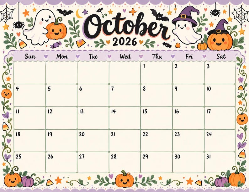 Printable October 2026 Calander, Editable Halloween Theme Calendar ...