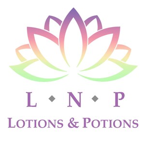 May include: A stylized pink, purple, and yellow lotus flower with green leaves. The text "L &bull; N &bull; P LOTIONS & POTIONS" is below the flower.