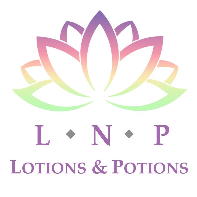 May include: A stylized pink, purple, and yellow lotus flower with green leaves. The text "L &bull; N &bull; P LOTIONS & POTIONS" is below the flower.