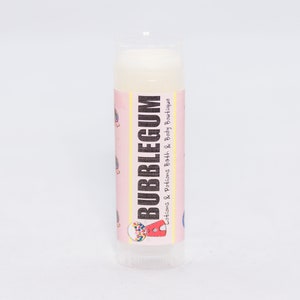 May include: A pink and yellow tube of lip balm with the text "BUBBLEGUM" in black lettering. The label also includes the text "Lotions & Potions Bath & Body Boutique".