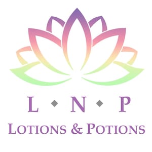 May include: A stylized pink, purple, and yellow lotus flower with green leaves. The text "L &bull; N &bull; P LOTIONS & POTIONS" is below the flower.