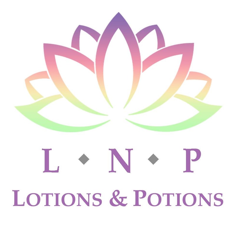 May include: A stylized pink, purple, and yellow lotus flower with green leaves. The text "L &bull; N &bull; P LOTIONS & POTIONS" is below the flower.