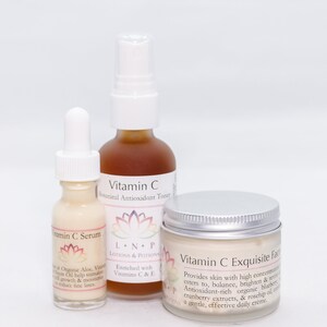 May include: Three glass bottles of Vitamin C skincare products. The bottles are labeled "Vitamin C Botanical Antioxidant Toner", "Vitamin C Serum", and "Vitamin C Exquisite Face Cream". The bottles are on a white background.