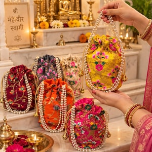 May include: A collection of drawstring pouches featuring vibrant floral patterns in yellow, orange, magenta, and dark gray. Each pouch is crafted with intricate fabric designs and finished with a decorative handle made of multiple strands of white pearls.