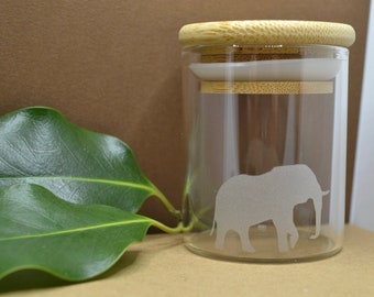 Glass Jar, Sand Etched Glass Jar, Elephant Stash Jar, Stash Jar, Spice Jar, Borosilicate Glass Jar, Small Jar, Jar with Bamboo Lid