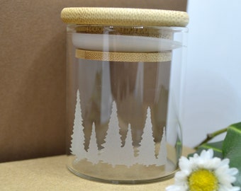 Glass Jar, Sand Etched Glass Jar, Tree Stash Jar, Stash Jar, Spice Jar, Borosilicate Glass Jar, Small Jar, Jar with Bamboo Lid