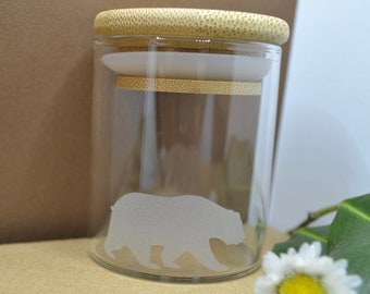 Glass Jar, Sand Etched Glass Jar, Bear Stash Jar, Stash Jar, Spice Jar, Borosilicate Glass Jar, Small Jar, Jar with Bamboo Lid