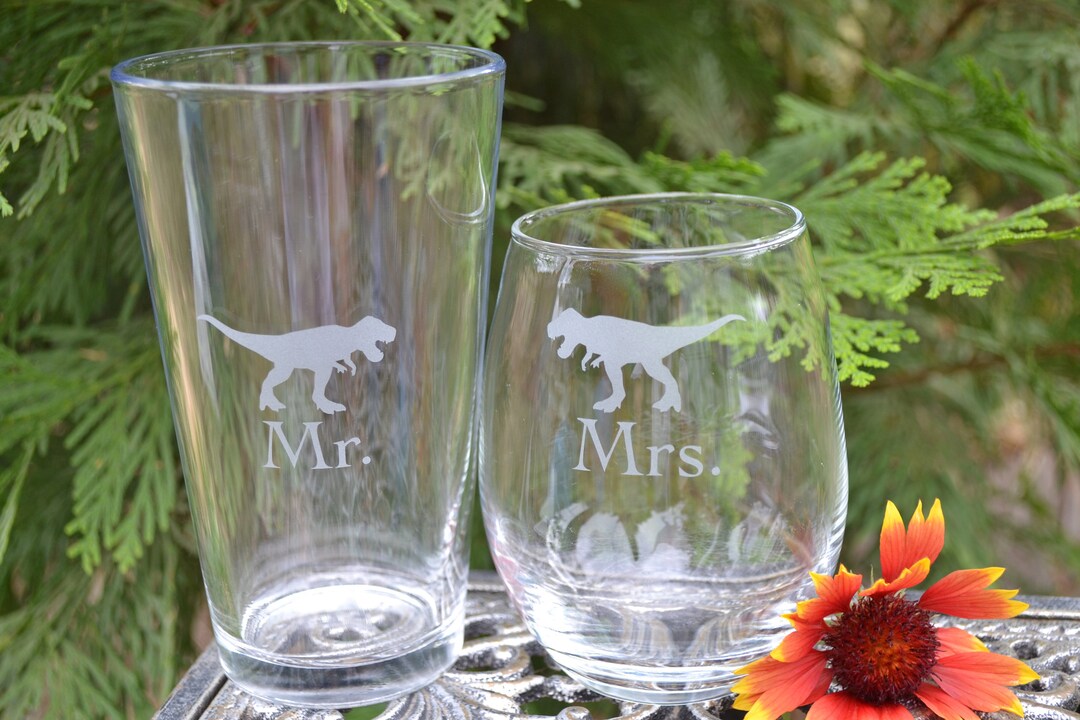 Pint Glasses, Wine Glasses, Mr. and Mrs. Glasses, Glasses, Dinosaur Glassware, Dinosaur Pint