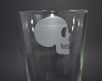 Pint Glass, Glasses, Custom Drinking Glass, Custom Pint Glass, Skull Pint Glass, Sand Etch Glass, Skeleton, Skull, Sand Etched Glasses