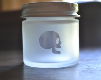 Glass Jar, Sandblasted Glass Jar, Skull, Small Jar,  Mini Jar, Mini Glass Jar, Skeleton Jar, Jar, Stash Jar, Spice Jar, Frosted Glass Jar