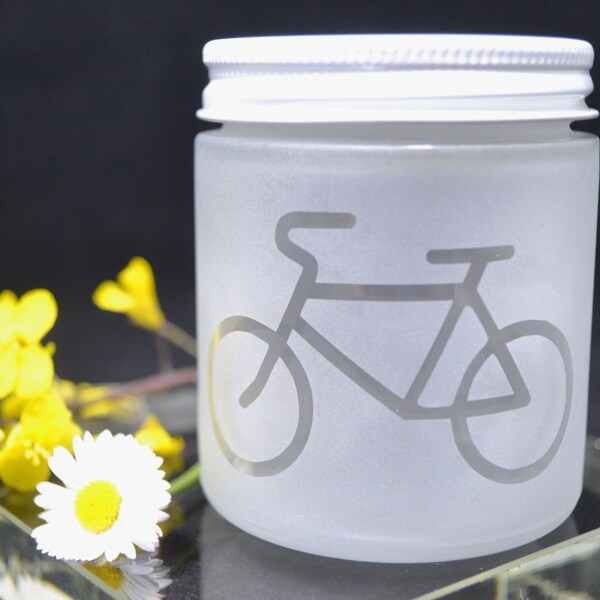 Glass Jar, Small Jars, Small Glass Jar, Sand Etched Glass Jar, Stash Jar, Sand Etched Bike Jar, Spice Jar, Frosted Glass Jar, Bicycle Jar