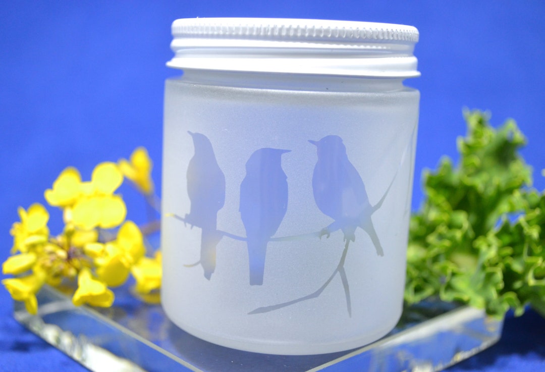 Glass Jar, Small Glass Jar, Bird Glass Jar, Stash Jar, Spice Jar, Baby Food Jar, Sand Etched Jar