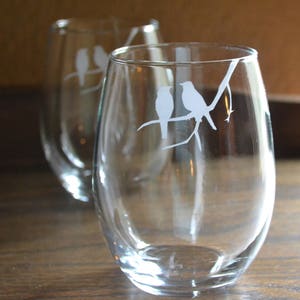 Wine Glasses, Bird Wine Glasses, Stemless Wine Glasses, Birds on Branch, Sand Etched Glassware, Wine Glass, Bird Glass, Bird Glassware