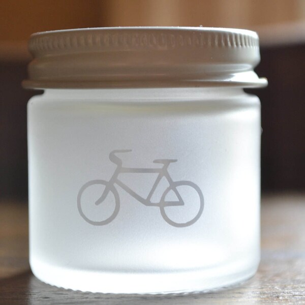 Glass Jar, Sandblasted Glass Jar, Mini Jar, Mini Glass Jar, Jar with Bike, Bike, Bicycle, Stash Jar, Spice Jar, Frosted Glass Jar