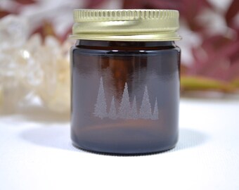 Glass Jar, Sand Etched Glass Jar, Mini Jar, Mini Glass Jar, Trees , Jar with Trees, Stash Jar, Spice Jar, Amber Glass Jar