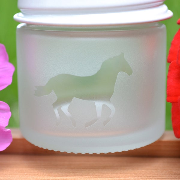 Glass Jar, Sand Etched Glass Jar, Mini Jar, Mini Glass Jar, Jar with Horse, Stash Jar, Spice Jar, Frosted Glass Jar, Horse, Matte Finish Jar