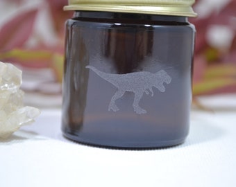 Glass Jar, Sand Etched Glass Jar, Mini Jar, Mini Glass Jar, T Rex, Jar with a T Rex, Stash Jar, Spice Jar, Amber Glass Jar