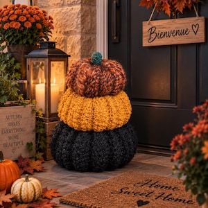 May include: A stack of three crocheted pumpkins in orange, yellow, and black, topped with a small teal stem. The pumpkins are arranged vertically, featuring a textured, chunky yarn knit pattern, creating a rounded, layered appearance on a porch.