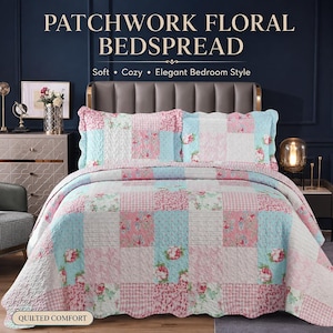 May include: A patchwork floral bedspread featuring a quilted pattern of alternating light blue and pink squares. The design includes floral prints, gingham checks, and dotted textures. Two matching pillow shams are displayed on the bed.