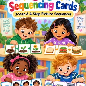 Könnte beinhalten: Ein Set aus 50 Sequenzkarten mit 3- und 4-stufigen Bildfolgen. Das Cover zeigt vier Kinder, die mit Karten interagieren, welche Aufgaben wie das Pflanzen einer Blume, das Belegen eines Sandwiches, Zähneputzen und Backen darstellen.