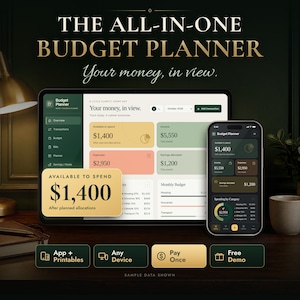 Digitale budgetplanner met overzicht van rekeningen, salaris en uitgaven, offline app
