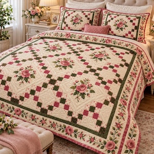 Puede incluir: Una colcha de color crema con un patrón repetitivo de ramos de rosas rosadas dentro de marcos en forma de diamante, acentuada por un borde a cuadros en verde oscuro y rosa intenso. El juego incluye dos fundas de almohada rectangulares.