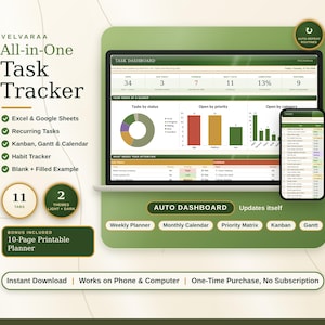 May include: A digital task tracker template for Excel and Google Sheets featuring a dashboard with charts, a task list, and a mobile view. Text includes Velvaraa All-in-One Task Tracker, Auto Dashboard, and various feature labels.
