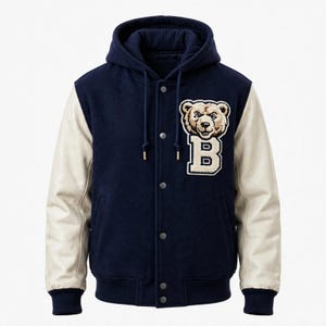 Men's Navy Wool Varsity Hooded Jacket Cream Leather Sleeves Bear Chenille Patch