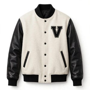Men's Varsity Jacket Black Leather Sleeves Wool Letterman Bomber Chenille Patch