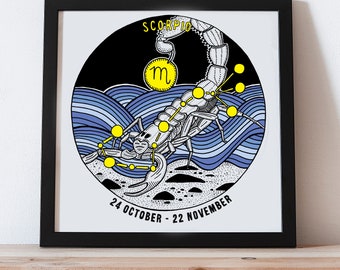 May include: A framed print featuring a detailed illustration of the Scorpio zodiac sign. The artwork depicts a scorpion with a constellation overlay, set against a backdrop of blue waves and a black circle. Text at the bottom reads "24 October - 22 November."