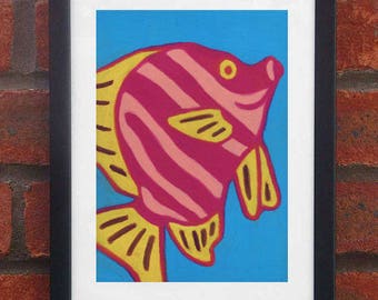 Tropical Fish - A5 original oil pastel drawing (Framed)