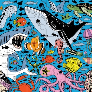 May include: A colorful illustration of a variety of sea creatures, including a shark, whale, octopus, seahorse, and jellyfish. The illustration is set against a blue background and features a variety of colors and patterns.