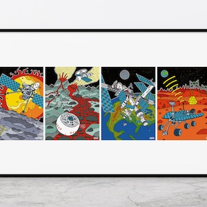 May include: A colorful illustration of four spacecrafts exploring different planets. The first spacecraft is orbiting a red planet with a large sun in the background. The second spacecraft is landing on a red planet with a volcano in the background. The third spacecraft is orbiting a blue planet with a green and brown landmass. The fourth spacecraft is exploring a red planet with a rocky surface.