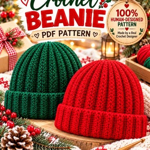 May include: Two ribbed crochet beanies, one dark green and one bright red, each featuring a folded brim. The text reads Crochet BEANIE PDF PATTERN and 100% HUMAN-DESIGNED PATTERN Made by a Real Crochet Designer with heart and holly icons.