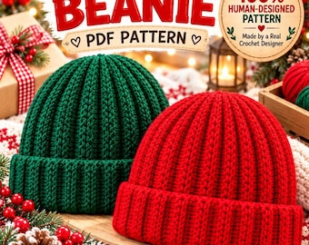 Padrão de gorro de crochê canelado em PDF, padrão fácil de gorro de Natal em crochê, gorro de inverno em ponto alto duplo com alças laterais, presente de Natal feito à mão, gorro com aba dobrada