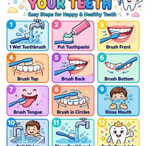 Può includere: Un poster educativo intitolato HOW TO BRUSH YOUR TEETH con dodici passaggi numerati. Presenta illustrazioni colorate di uno spazzolino blu, dentifricio, un personaggio a forma di dente sorridente e un bambino che mostra l'igiene orale.