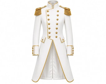 Cappotto da ufficiale militare bianco su misura, giacca cerimoniale con finiture dorate, uniforme da parata reale