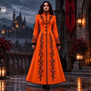 May include: A long, floor-length orange coat featuring a high collar, long sleeves, and a central row of black buttons. The coat is decorated with intricate black embroidery patterns running vertically down the front and on the sleeve cuffs.