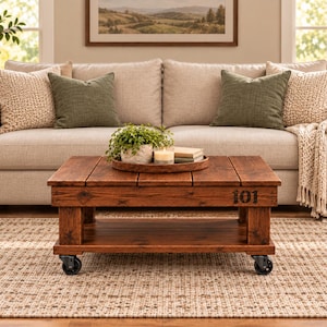 May include: A rectangular wooden coffee table with a dark brown finish, featuring a lower shelf, four black caster wheels, and the number 101 printed in black on the front right corner. The table surface is made of thick planks.