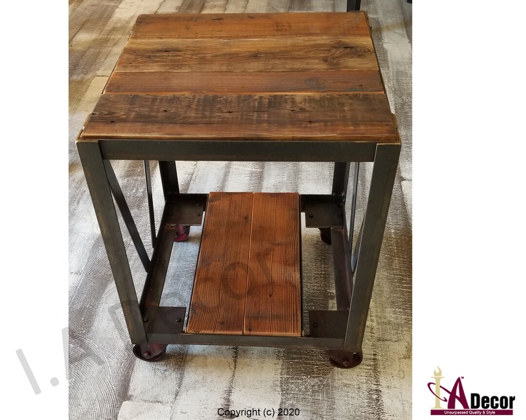 Industrial Metal End Table Iron End Table With Wheels Reclaimed Wood